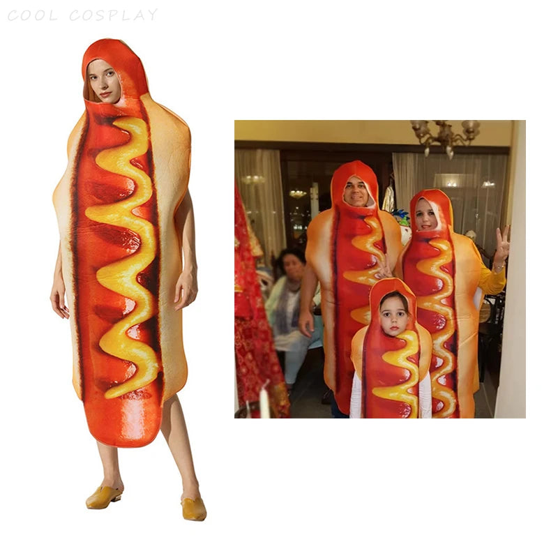 Adult Kids Funny 3D Print Food Sausage Hot Dog Costumes Halloween Men Women Family One-Piece Costume Carnival Food Costume
