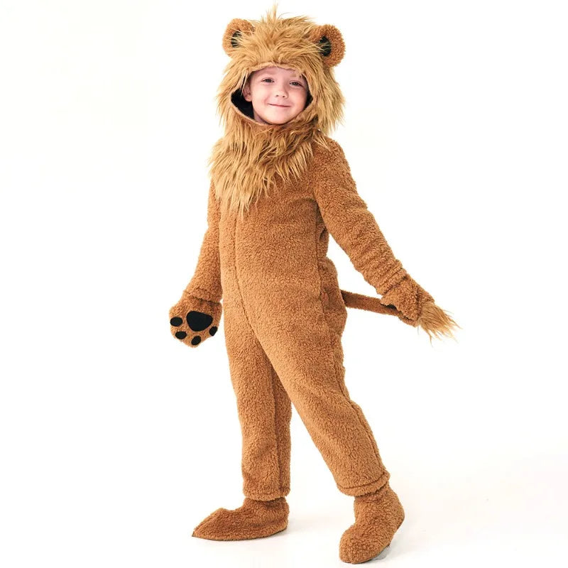 Boys Girls Lion King Cosplay Costume Baby Kids Furry Plush Furry Animal Outfits Jumpsuit Child Birthday Halloween Party Costume