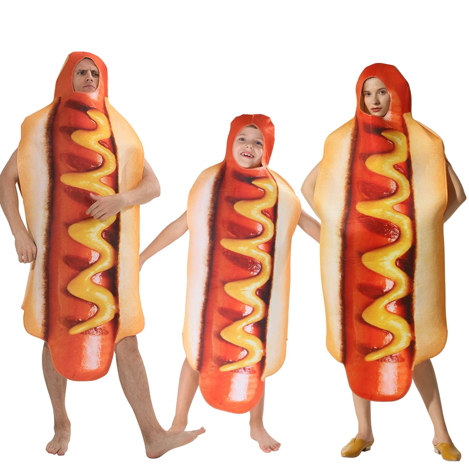 Adult Kids Funny 3D Print Food Sausage Hot Dog Costumes Halloween Men Women Family One-Piece Costume Carnival Food Costume